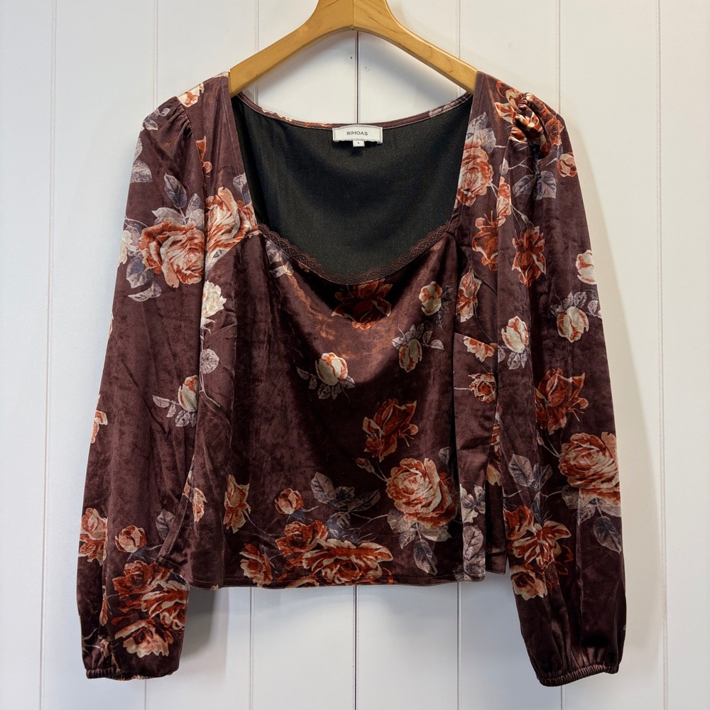 Boho Velvet Cropped Floral Top Womens Large Cottage Whimsigoth Fairy Grunge Chic